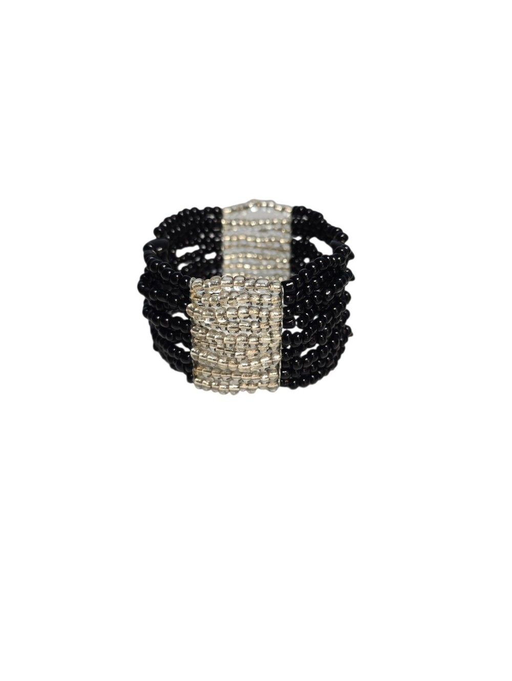 Layered Black Vintage Glass? Beaded Stretch Bracelet - Silver Tone Seams